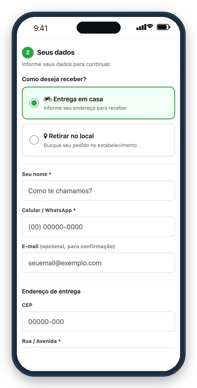 Etapa de dados do pedido no cardápio digital: escolha entre entrega em casa e retirada no local, com busca por CEP