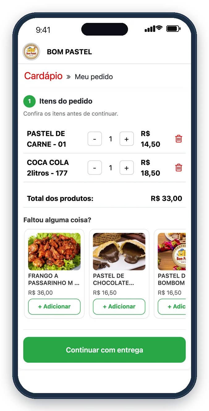 Carrinho do cardápio digital da Bom Pastel com o bloco Faltou alguma coisa sugerindo frango a passarinho e pastéis doces