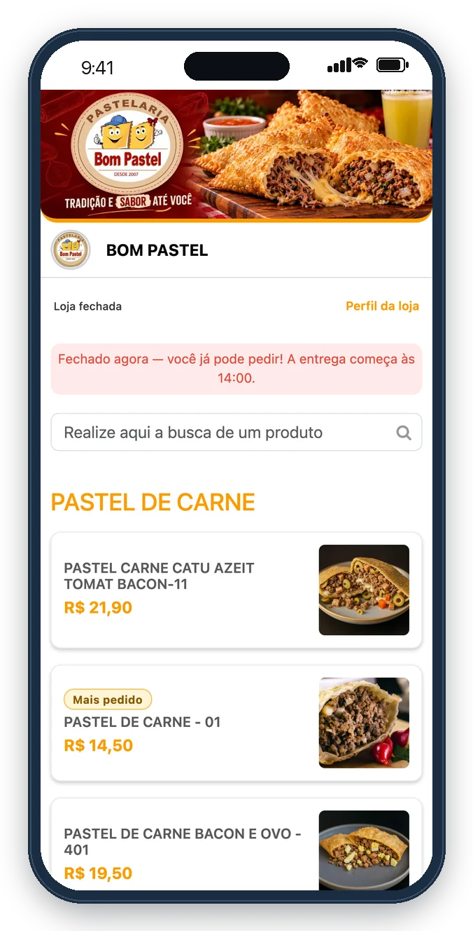 Cardápio digital da Bom Pastel no celular: capa da loja, aviso de fora do horário com pedido antecipado, busca e selo de mais pedido